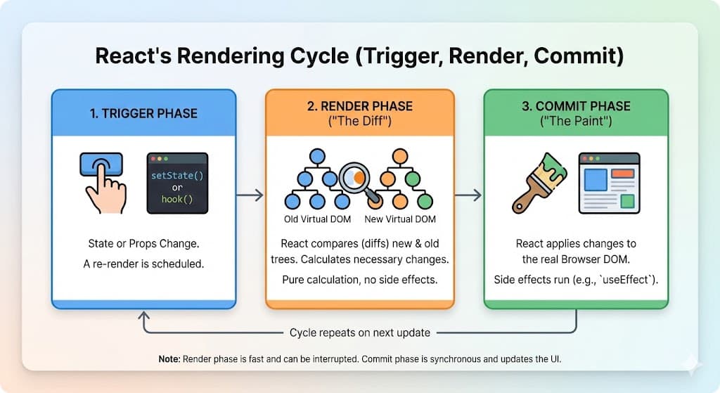 React Rendering Cycle: Trigger, Render, and Commit Phases